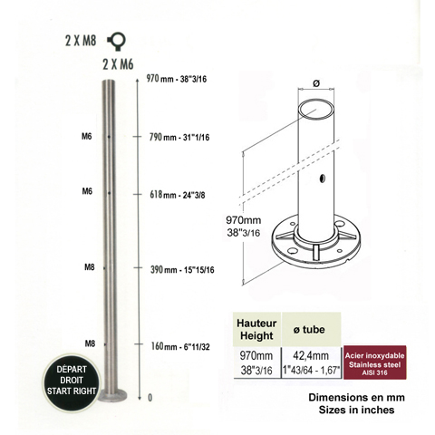 Poteau 42,4mm dpart droit taraud montage cble et verre INOX316 IN2127 Poteaux garde-corps ou escaliers Poteaux ronds acier inox 316 IN2127