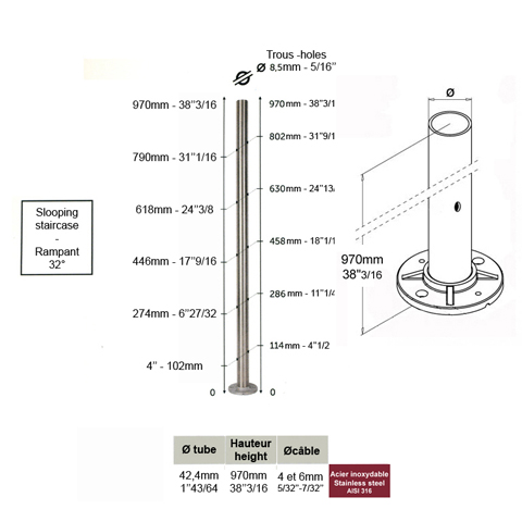 Poteau 42,4mm intermdiaire perc cble traversant 6mm INOX316 IN2130 Poteaux garde-corps ou escaliers Poteaux ronds acier inox 316 IN2130