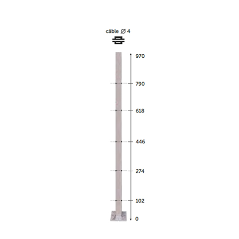 Poteau 40x40mm intermdiaire perc cble traversant 4mm INOX316 IN21311 Poteaux garde-corps ou escaliers Poteaux carrs acier inox 316 IN21311