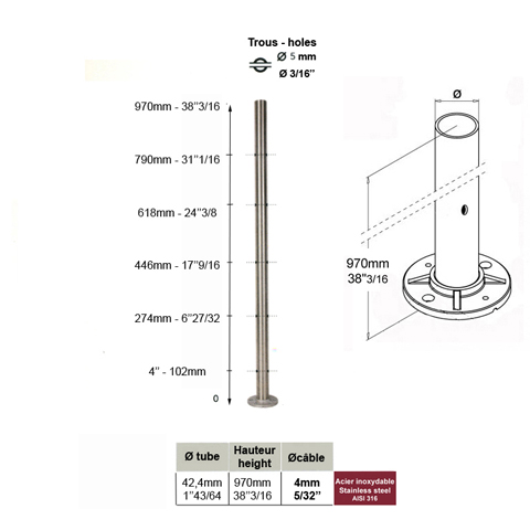 Poteau 42,4mm intermdiaire perc cble traversant 4mm INOX316 IN2131 Poteaux garde-corps ou escaliers Poteaux ronds acier inox 316 IN2131