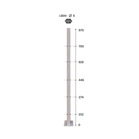 Poteau 40x40mm intermdiaire perc cble traversant 6mm INOX316 IN21321 Poteaux garde-corps ou escaliers Poteaux carrs acier inox 316 IN21321