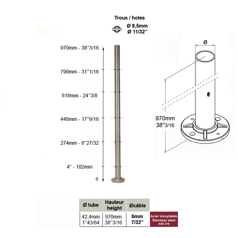 Poteau 42,4mm intermdiaire perc cble traversant 6mm INOX316 IN2132 Poteaux garde-corps ou escaliers Poteaux ronds acier inox 316 IN2132