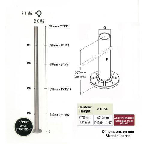 Poteau 42,4mm dpart droit taraud montage cble et verre INOX316 IN2134 Poteaux garde-corps ou escaliers Poteaux ronds acier inox 316 IN2134