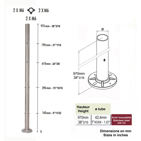 Poteau 42,4mm intermdiaire taraud montage cble et verre INOX316 IN2135 Poteaux garde-corps ou escaliers Poteaux ronds acier inox 316 IN2135
