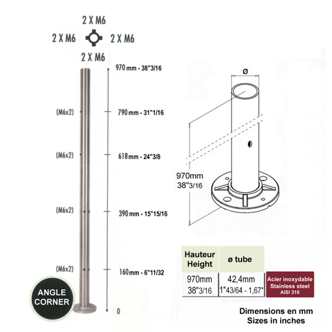 Poteau 42,4mm d'angle taraud montage cble et verre INOX316 IN2136 Poteaux garde-corps ou escaliers Poteaux ronds acier inox 316 IN2136