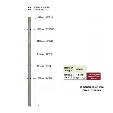 Poteau 42,4mm intermdiaire  l'anglaise perc pour cble traversant INOX316 IN2139 Poteaux garde-corps ou escaliers Poteaux ronds acier inox 316 IN2139
