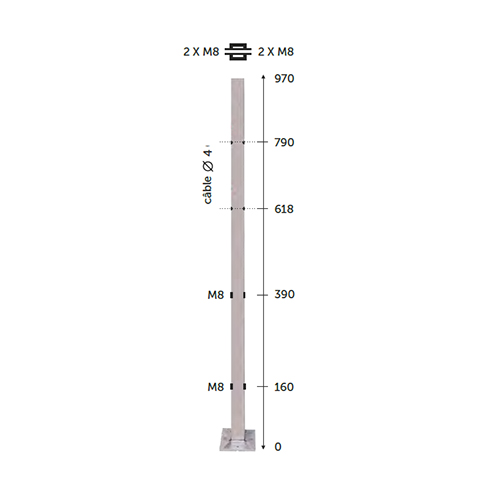 Poteau 40x40mm intermdiaire montage pour cble traversant 4mm et verre INOX316 IN21421 Poteaux garde-corps ou escaliers Poteaux carrs acier inox 316 IN21421