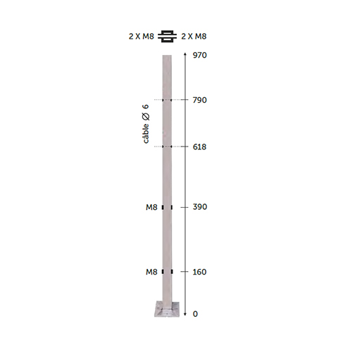 Poteau 40x40mm intermdiaire montage pour cble traversant 6mm et verre INOX316 IN21431 Poteaux garde-corps ou escaliers Poteaux carrs acier inox 316 IN21431
