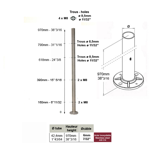Poteau 42,4mm intermdiaire montage pour cble traversant 6mm et verre INOX316 IN2143 Poteaux garde-corps ou escaliers Poteaux ronds acier inox 316 IN2143