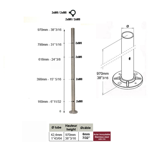 Poteau 42,4mm d'angle montage pour cble traversant et verre INOX316 IN2144 Poteaux garde-corps ou escaliers Poteaux ronds acier inox 316 IN2144