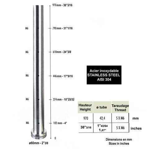 Poteau pr-assembl INOX304 pour marches IN2150 Poteaux garde-corps ou escaliers Poteaux acier inox 304 IN2150