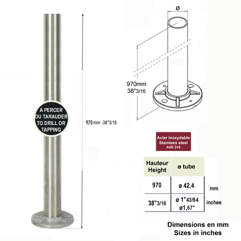 Poteau INOX316  percer ou tarauder IN2154 Poteaux garde-corps ou escaliers Poteaux ronds acier inox 316 IN2154