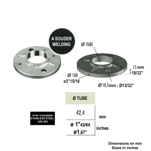 Bride - platine de fixation pour poteau 42,4 INOX304 IN2200 Embases pour poteaux Platine INOX 304 IN2200
