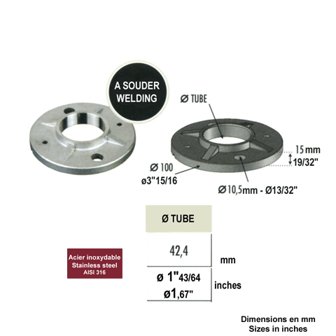 Bride - platine de fixation pour poteau 42,4 INOX316 IN2201 Embases pour poteaux Platine INOX 316 IN2201