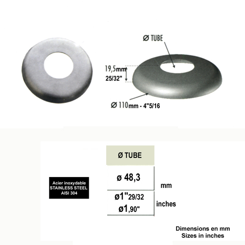 Coupelle cache embase pour poteau 48,3 INOX304 IN2203 Embases pour poteaux Couvre embase 304 & 316 IN2203