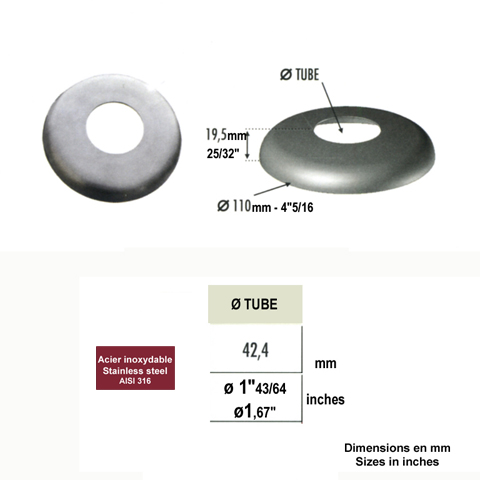 Coupelle cache embase pour poteau 42,4 INOX316 IN2204 Embases pour poteaux Couvre embase 304 & 316 IN2204