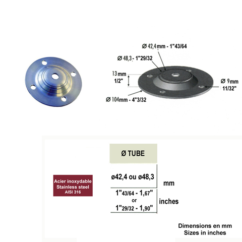 Platine de fixation pour poteau INOX316 IN2211 Embases pour poteaux Platine INOX 316 IN2211