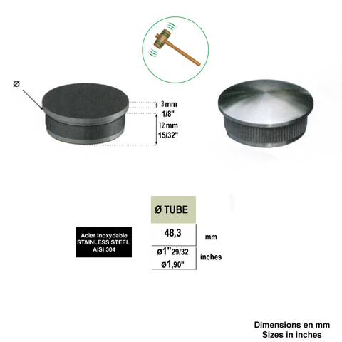 Bouchon bomb de finition INOX304 48,3mm IN2246 Finitions pour tubes inox Finition bombe pour tube inox IN2246