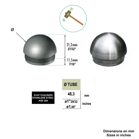 Bouchon rond de finition INOX304 48,3mm IN2251 Finitions pour tubes inox Finition ronde pour tube inox IN2251