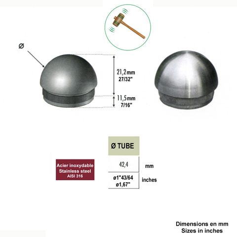 Bouchon rond de finition INOX316 42,4mm IN2252 Finitions pour tubes inox Finition ronde pour tube inox IN2252
