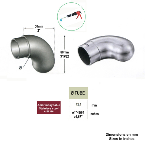 Bouchon coud rond de finition INOX316 42,4mm IN2262 Finitions pour tubes inox Finition coude pour tube inox IN2262