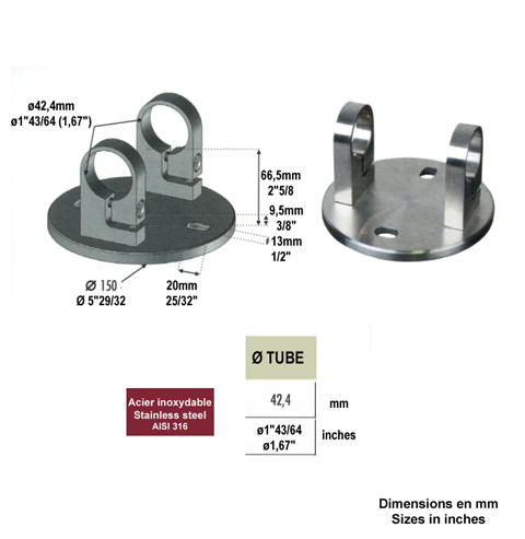 Platine ronde et anneaux de serrage INOX316 IN2266 Fixations pour tubes INOX Fixation  l'anglaise IN2266