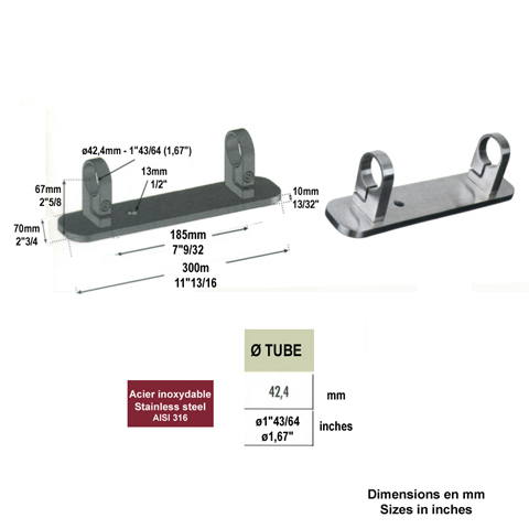 Platine support et anneau de serrage long  INOX316 IN2282 Fixations pour tubes INOX Fixation  l'anglaise IN2282