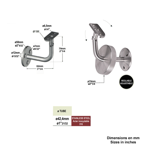 Equerre de rampe - Patre rglable pour rampe 42,4mm INOX316 IN2293 Support mural de rampes Support mural coud pour INOX IN2293