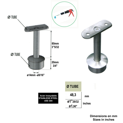Support de main courante 48,3mm INOX304 IN2296 Support de main courante INOX Support pour poteau inox 304 IN2296