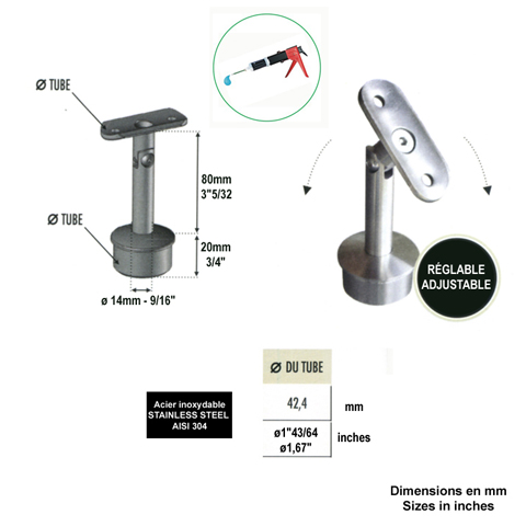 Support pivotant de main courante 42,4mm INOX304 IN2299 Support de main courante INOX Support pour poteau inox 304 IN2299