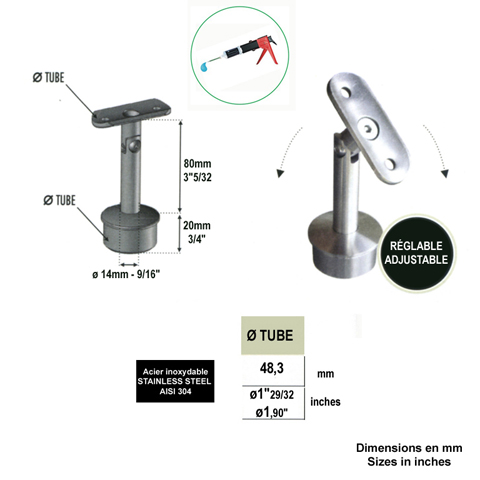 Support fixe d'angle 90 pivotant de main courante 48,3mm INOX304 IN2300 Support de main courante INOX Support pour poteau inox 304 IN2300