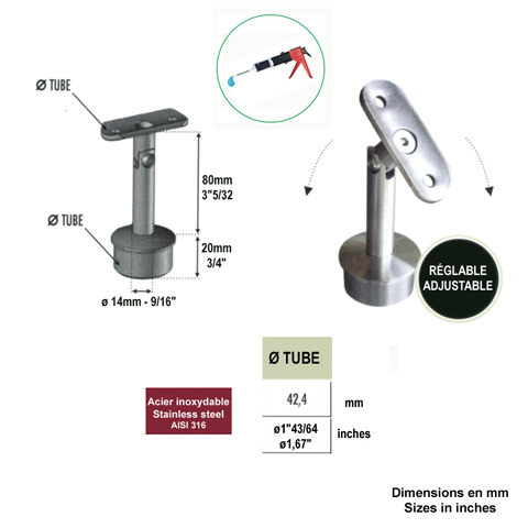 Support pivotant de main courante 42,4mm INOX316 IN2301 Support de main courante INOX Support pour poteau inox 316 IN2301