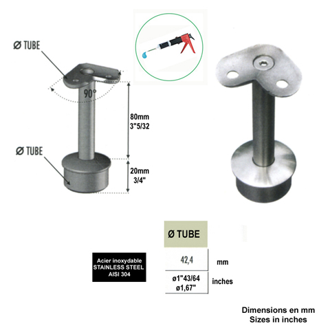 Support d'angle 90 de main courante 42,4mm INOX304 IN2303 Support de main courante INOX Support pour poteau inox 304 IN2303