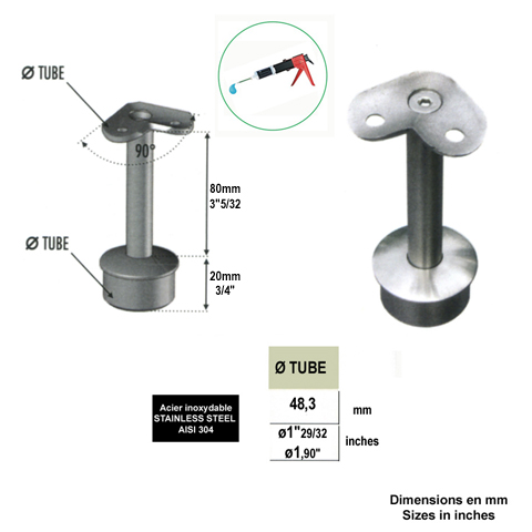 Support fixe d'angle 90 pivotant de main courante 48,3mm INOX304 IN2304 Support de main courante INOX Support pour poteau inox 304 IN2304