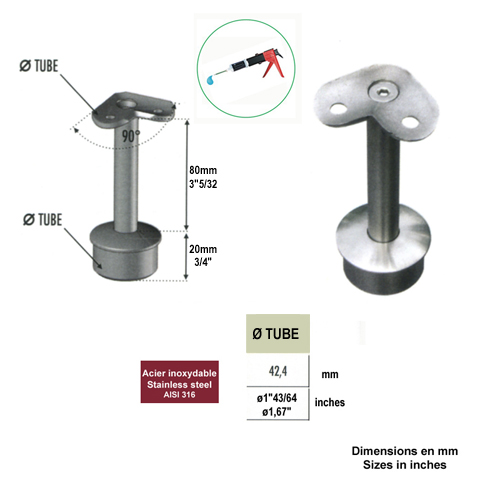 Support d'angle 90 de main courante 42,4mm INOX316 IN2305 Support de main courante INOX Support pour poteau inox 316 IN2305