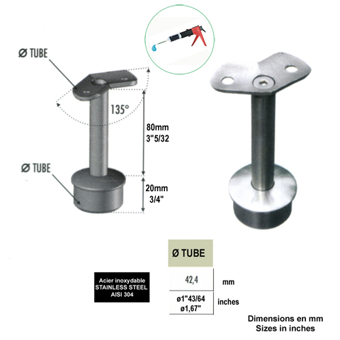Support d'angle 135 de main courante 42,4mm INOX304 IN2307 Support de main courante INOX Support pour poteau inox 304 IN2307