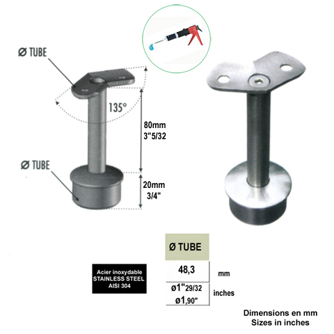 Support fixe d'angle 135 pivotant de main courante 48,3mm INOX304 IN2308 Support de main courante INOX Support pour poteau inox 304 IN2308