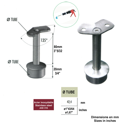 Support d'angle 135 de main courante 42,4mm INOX316 IN2309 Support de main courante INOX Support pour poteau inox 316 IN2309