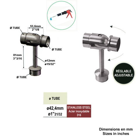 Support orientable de main courante 42,4mm INOX316 IN2314 Support de main courante INOX Support pour poteau inox 316 IN2314