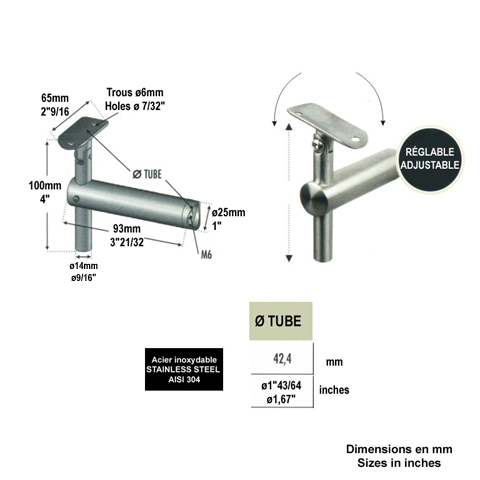 Support dport pivotant de main courante 42,4mm INOX304 IN2315 Support dport pour poteaux Support dporte poteau inox 304 IN2315