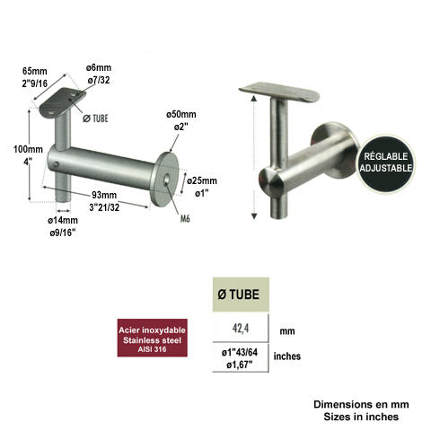 Support dport mural de main courante INOX316 IN23241 Support dport mural Support dport inox 316 IN23241