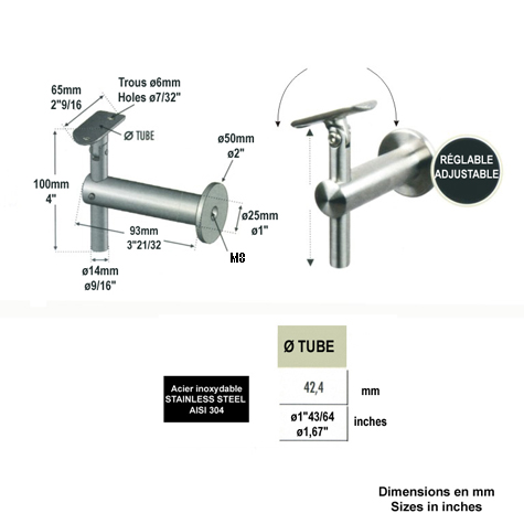 Support dport mural pivotant de main courante INOX304 IN2327 Support dport mural Support dport inox 304 IN2327