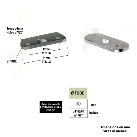 Patte support de main courante 42,4mm INOX304 IN2335 Support de main courante INOX Patte pour support inox304 IN2335