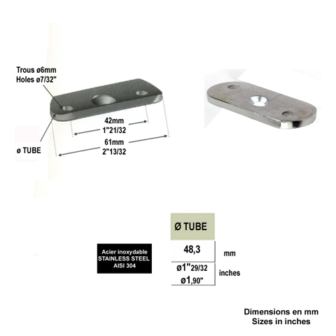 Patte support de main courante 48,3mm INOX304 IN2336 Support de main courante INOX Patte pour support inox304 IN2336