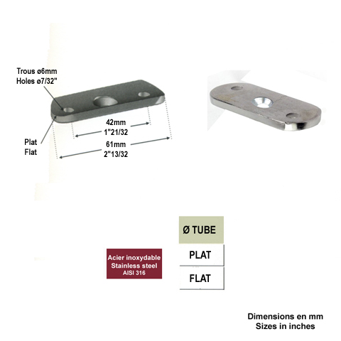 Patte support de main courante plate INOX316 IN2337 Support de main courante INOX Patte pour support inox316 IN2337
