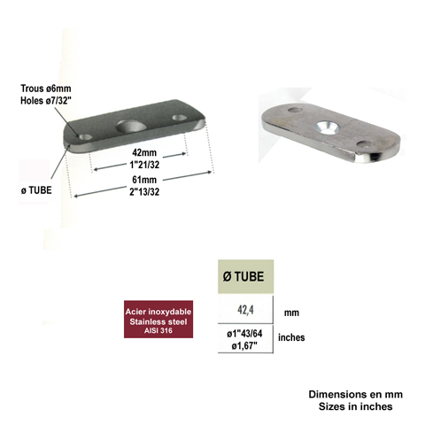 Patte support de main courante plate INOX316 IN2338 Support de main courante INOX Patte pour support inox316 IN2338