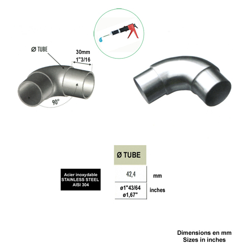 Connecteur arrondi coud 90 42,4mm INOX304 IN2350 Connecteurs de tube INOX Connecteur tube rond INOX304 IN2350