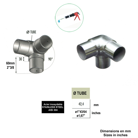 Connecteur 3 axes de tube rond 42,4mm INOX304 IN2358 Connecteurs de tube INOX Connecteur tube rond INOX304 IN2358