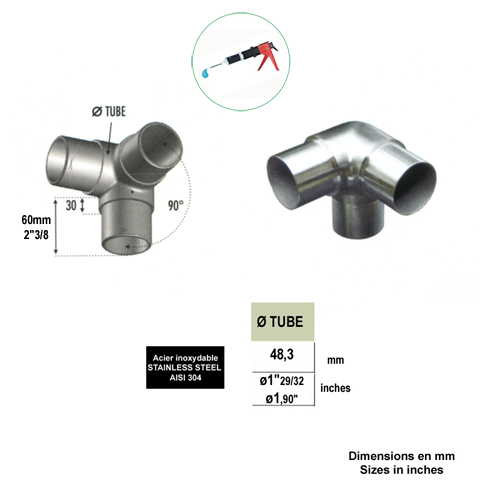 Connecteur 3 axes de tube rond 48,3mm INOX304 IN2359 Connecteurs de tube INOX Connecteur tube rond INOX304 IN2359