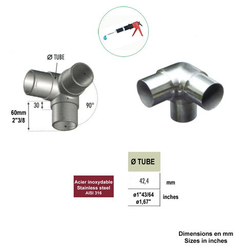 Connecteur 3 axes de tube rond 42,4mm INOX316 IN2360 Connecteurs de tube INOX Connecteur tube rond INOX316 IN2360